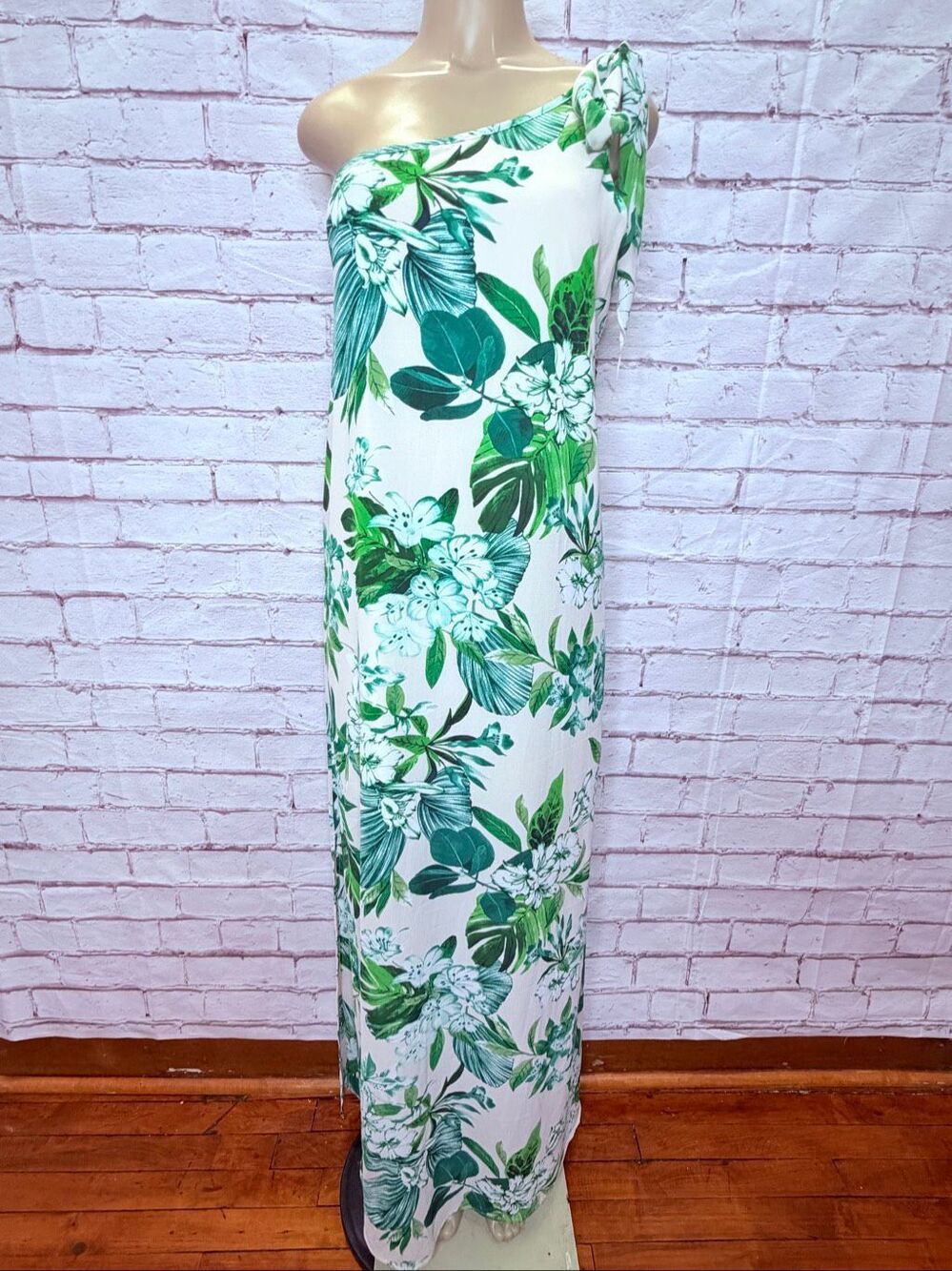 Entro Womens White Green Floral Tropical One Shoulder Maxi Dress Size Large